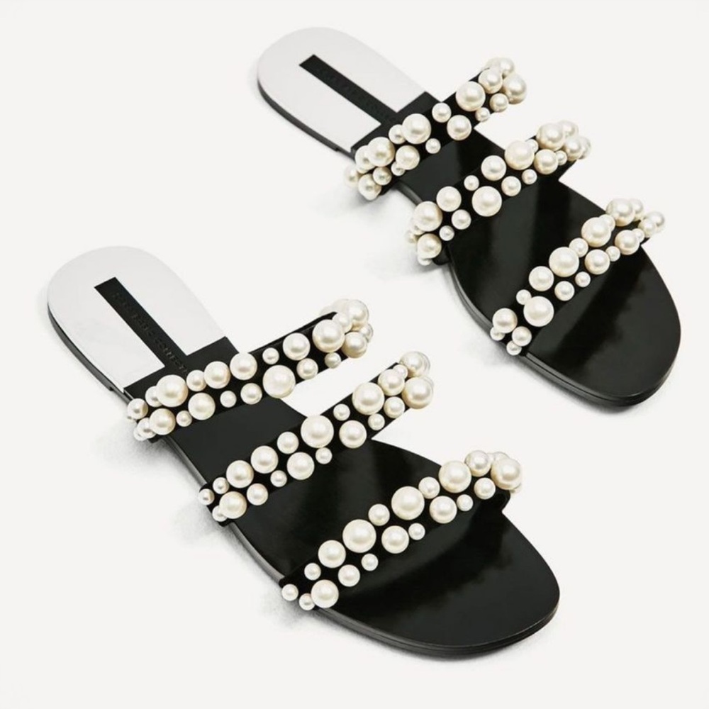 Zara Pearl Embellished Straps Flat Sandals Flats Faux Leather Slides Mules Shoes